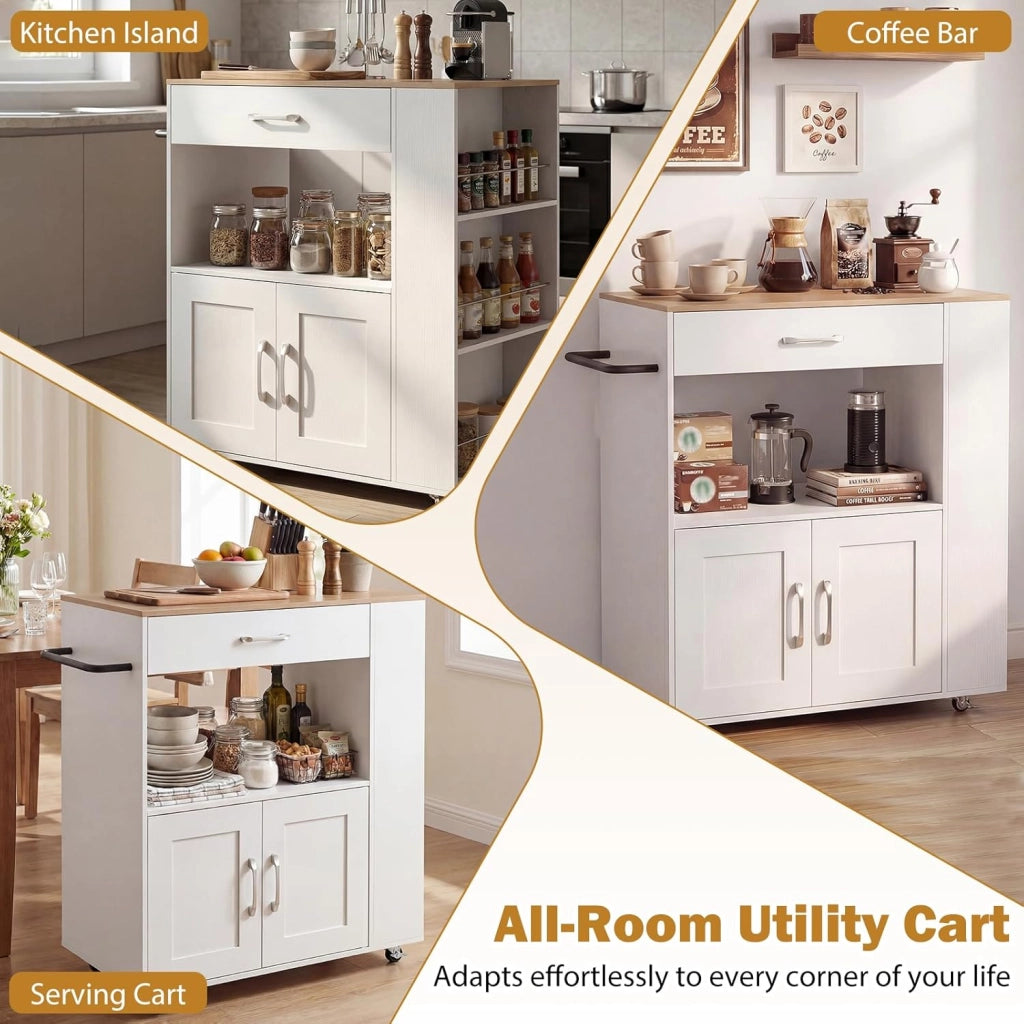 Credenza da Cucina su Ruote, Isola Mobile, Carrello da Servizio con Cassetto e 3 Ripiani, 2 Colori, 75 x 46 x 90,5 cm75 x 46 x 90,5 cm (Bianco)