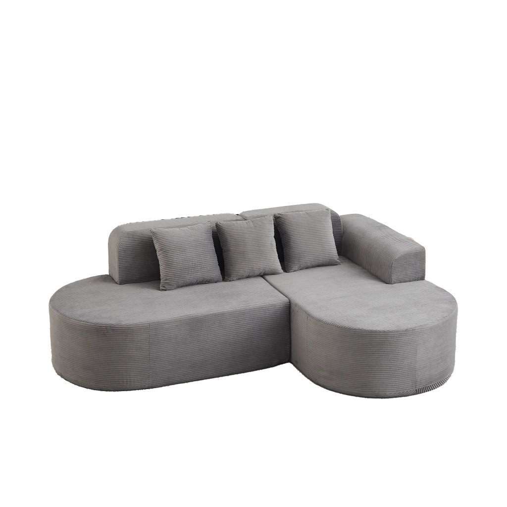 Divano angolare con chaise longue curva e 3 cuscini in velluto a coste grigio 220×155×70 cm