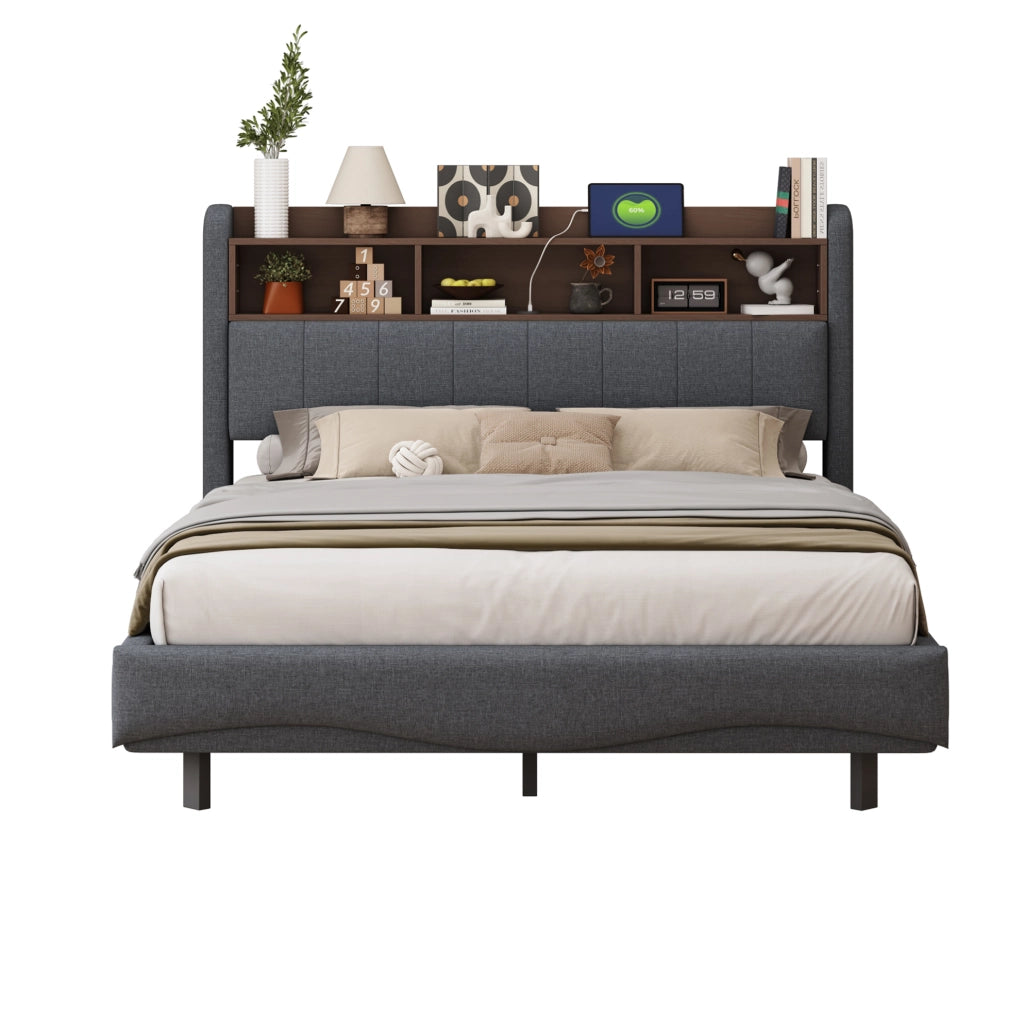 Letto imbottito sospeso 140x200 cm con LED; porte USB e Type-C; tessuto effetto lino grigio