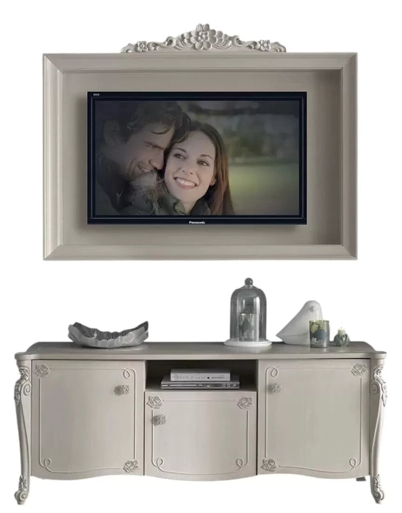 Parete attrezzata in legno shabby chic rilievo bianco opaco - Mobili 2G