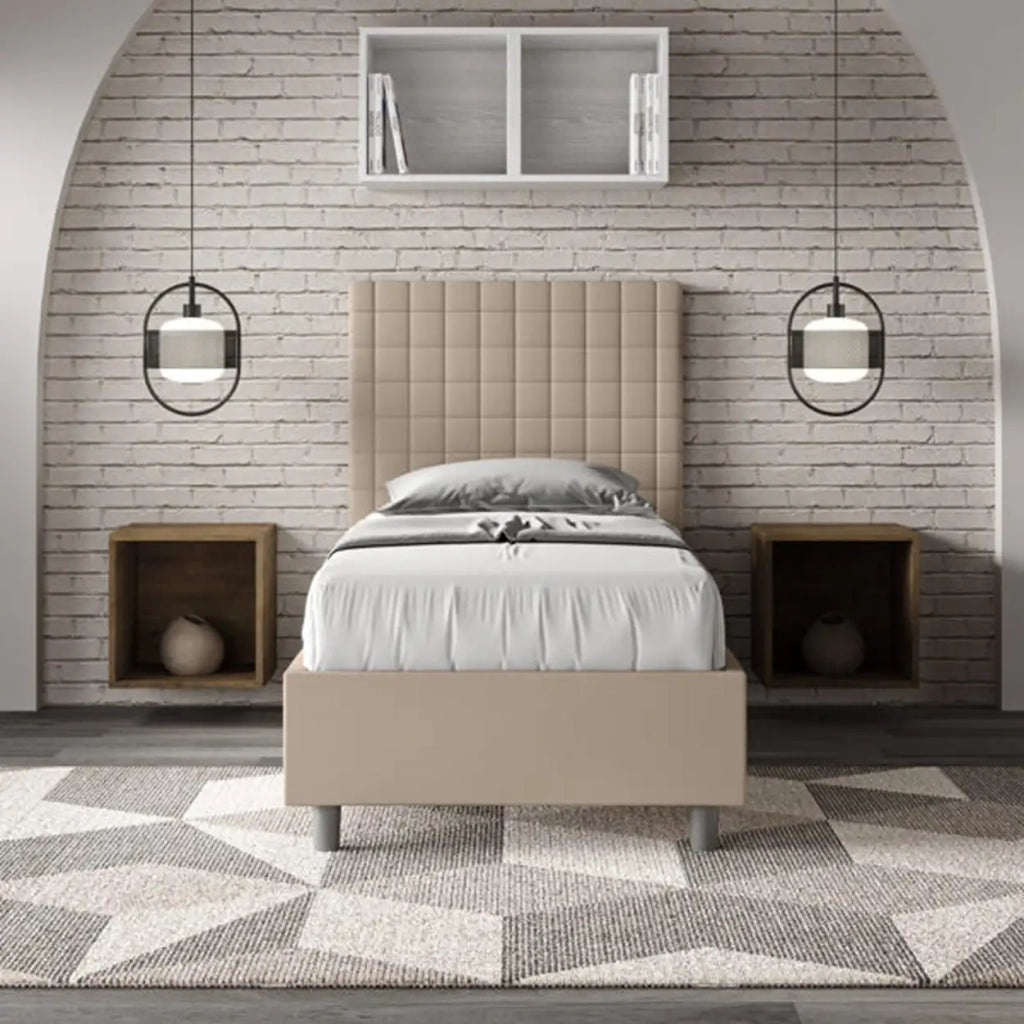 Letto singolo contenitore imbottito 90x200 similpelle tortora Sunny