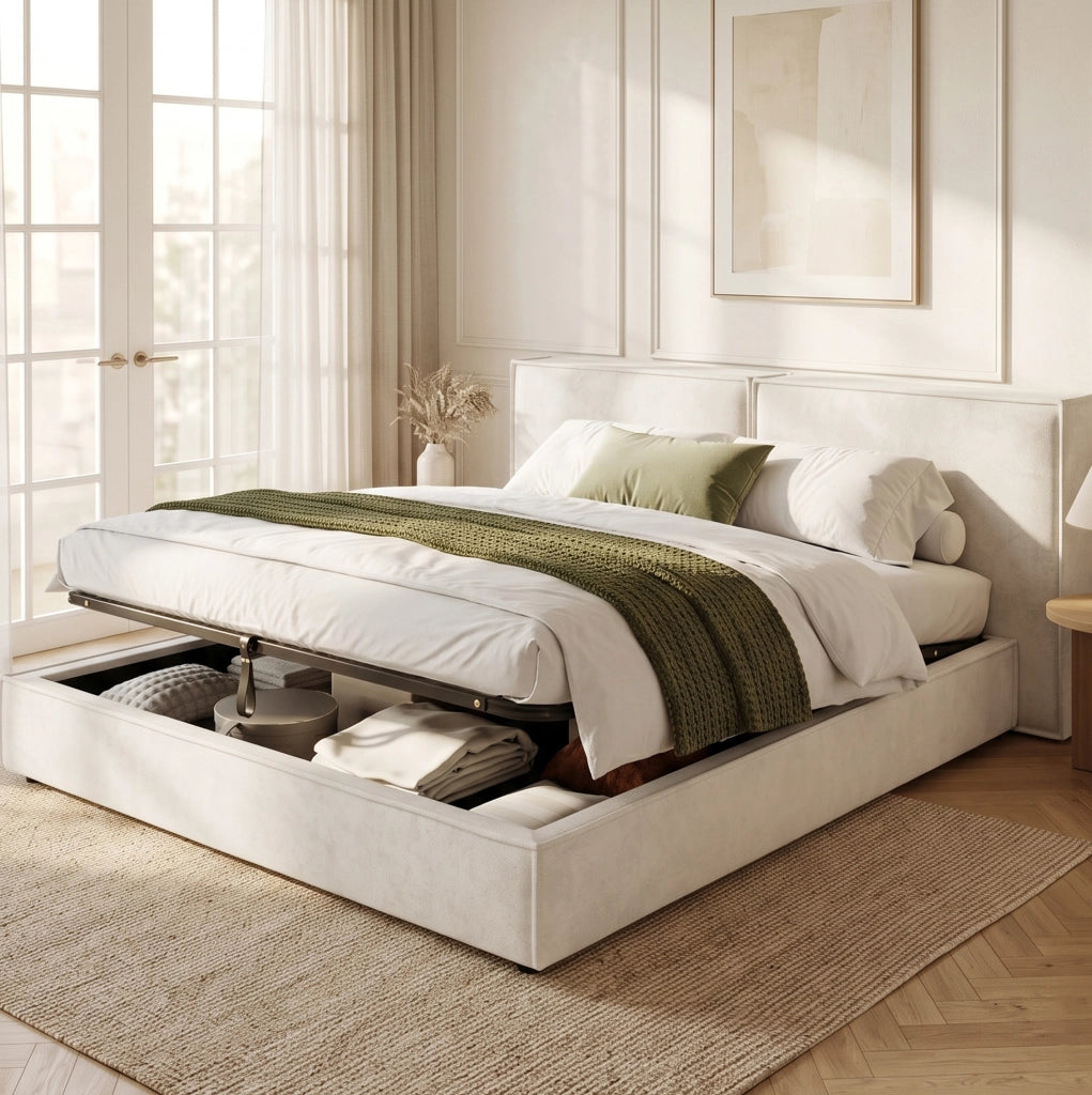 Letto matrimoniale contenitore 160x200 cm in chenille beige con rete a doghe e testiera imbottita