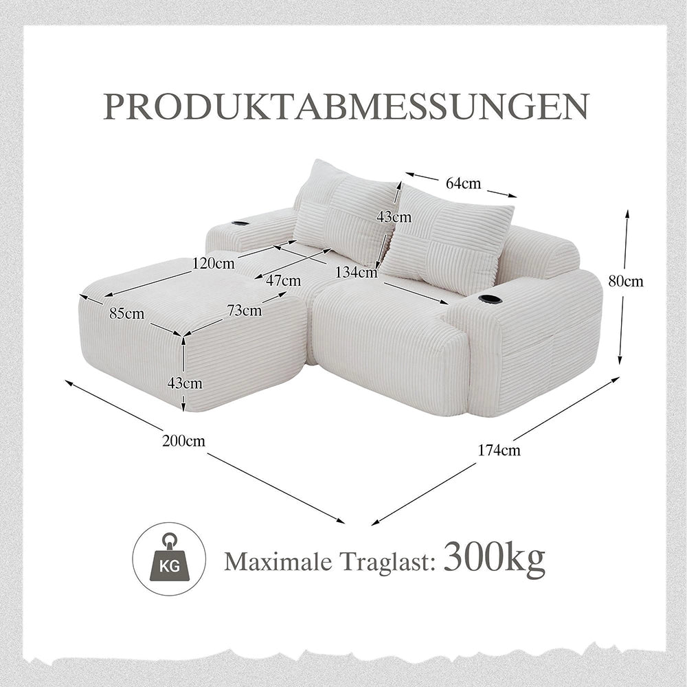 Canap¨¦ modulable in velluto costato per 2 persone - Xylo - Beige con porta-bevande e tasche laterali