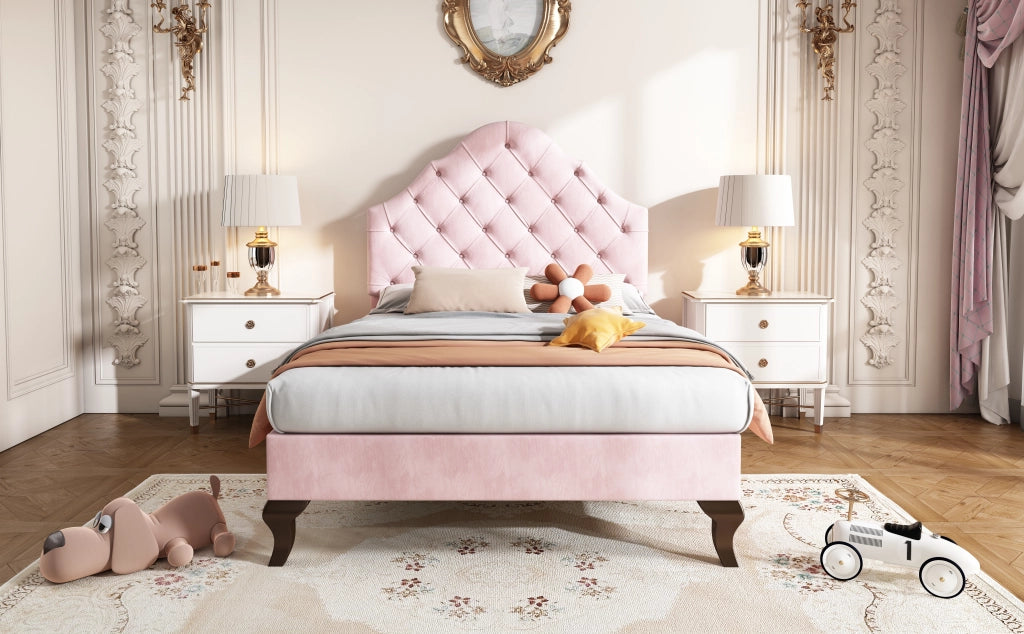 DESMIU Letto imbottito 90 × 200 cm 1 piazza con testiera regolabile, senza materasso, in velluto, rosa