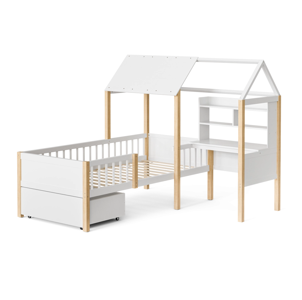 Letto a casetta per bambini 90x200 cm con scrivania e scaffale