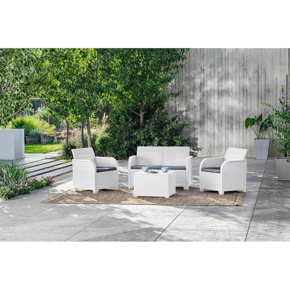 Set da Giardino Keter Rosalie effetto Vimini Divano Poltrone Tavolino Colore: Bianco
