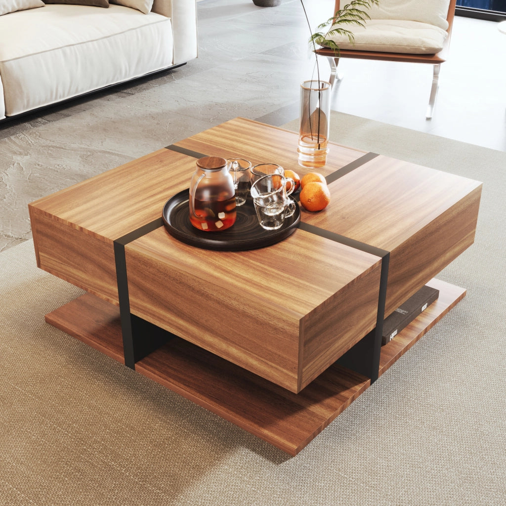Tavolino da Caffè Quadrato con 4 Cassetti e Ripiano Inferiore; Motivo a Linee; Stile Moderno; in Pannelli di Particelle; Naturale; 78×78×36 cm