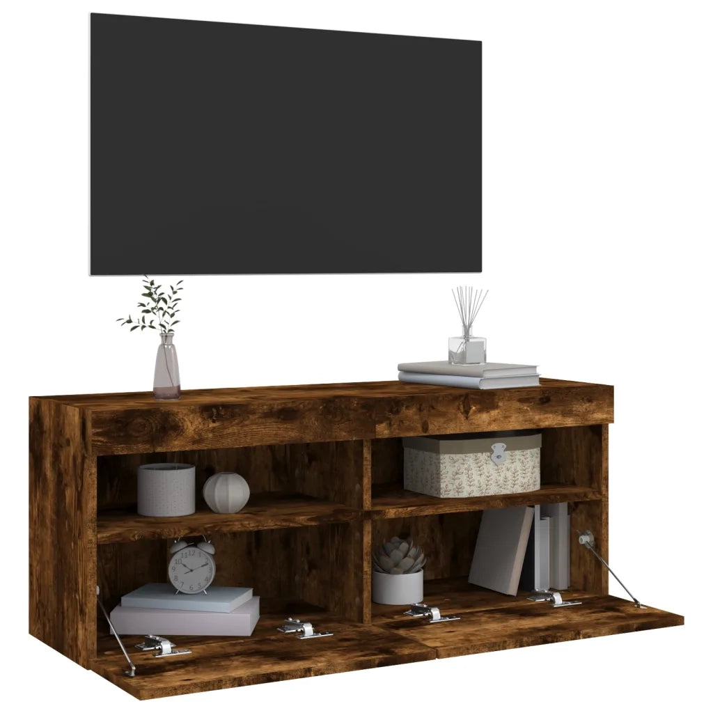 Mobile TV a Parete con Luci LED-Mobile TV a Muro Rovere Fumo 100x30x40 cm
