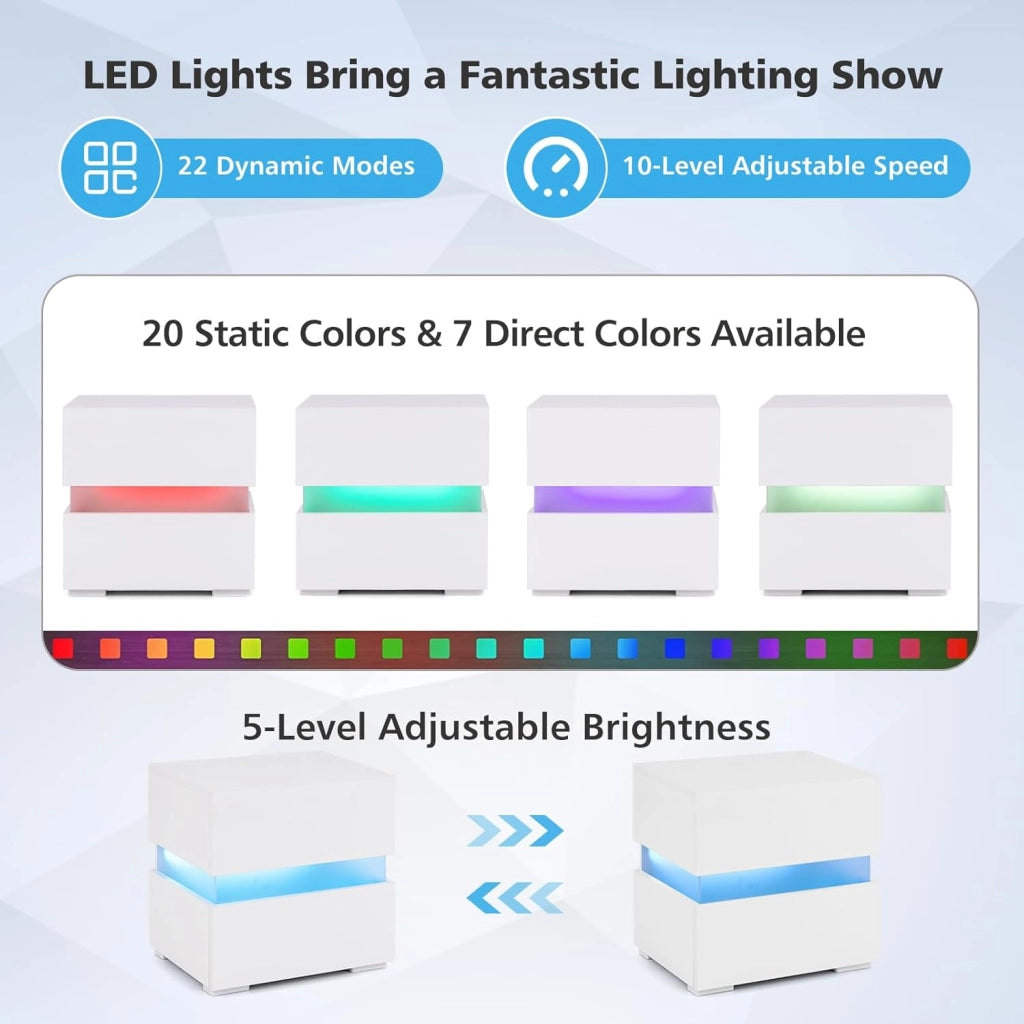 Comodino con Illuminazione a LED, 45 x 35 x 45 cm, Comodino con 2 Cassetti, LED con 22 Modalità Dinamiche, 5 Livelli di Luminosità e Telecomando (1, Bianco)