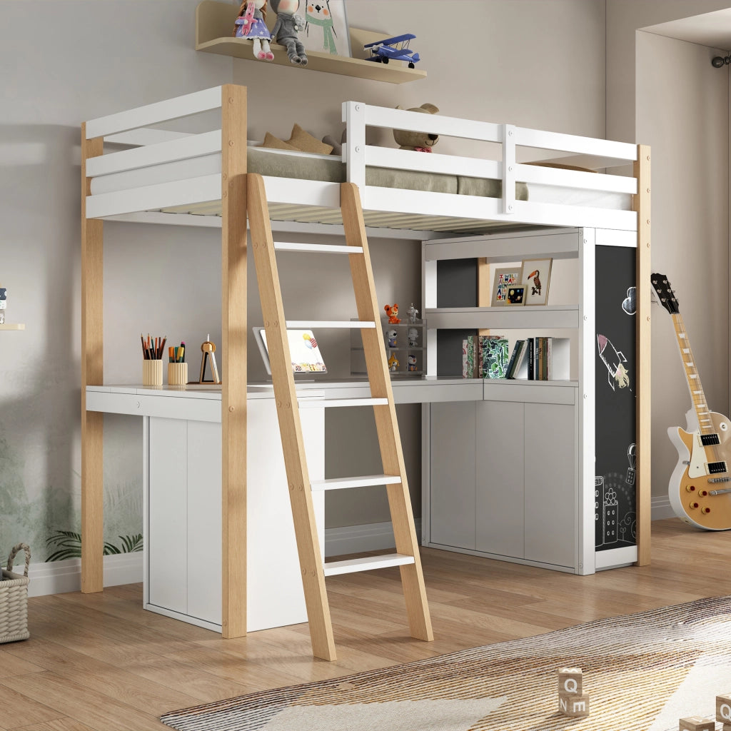 Letto a Soppalco per Bambini con Scrivania, Cassetto, Libreria e Lavagna ¨C MINIMAL ¨C Bianco/Legno 90x200