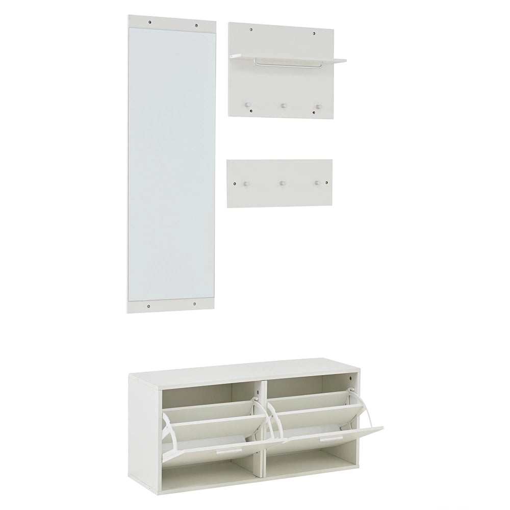 Set vestiario 4 pezzi con specchio - Xylo - 2 porta cappelli, armadio scarpe, 6 ganci, 90x30x41.5 cm, bianco
