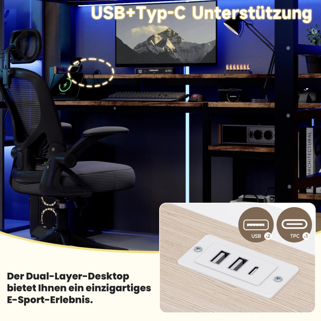 LETTO A SOPPALCO 140x200 cm Metallo e MDF Nero con LED, USB e USB-C