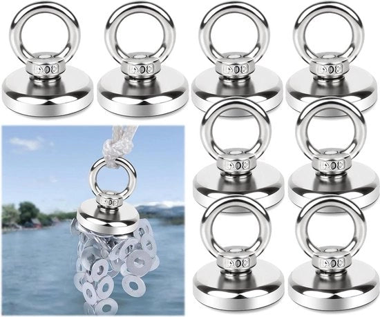 Magnetodi neodimio 25mm 45 kg - 8 pezzi per pesca con magneti - con fermagli e viti
