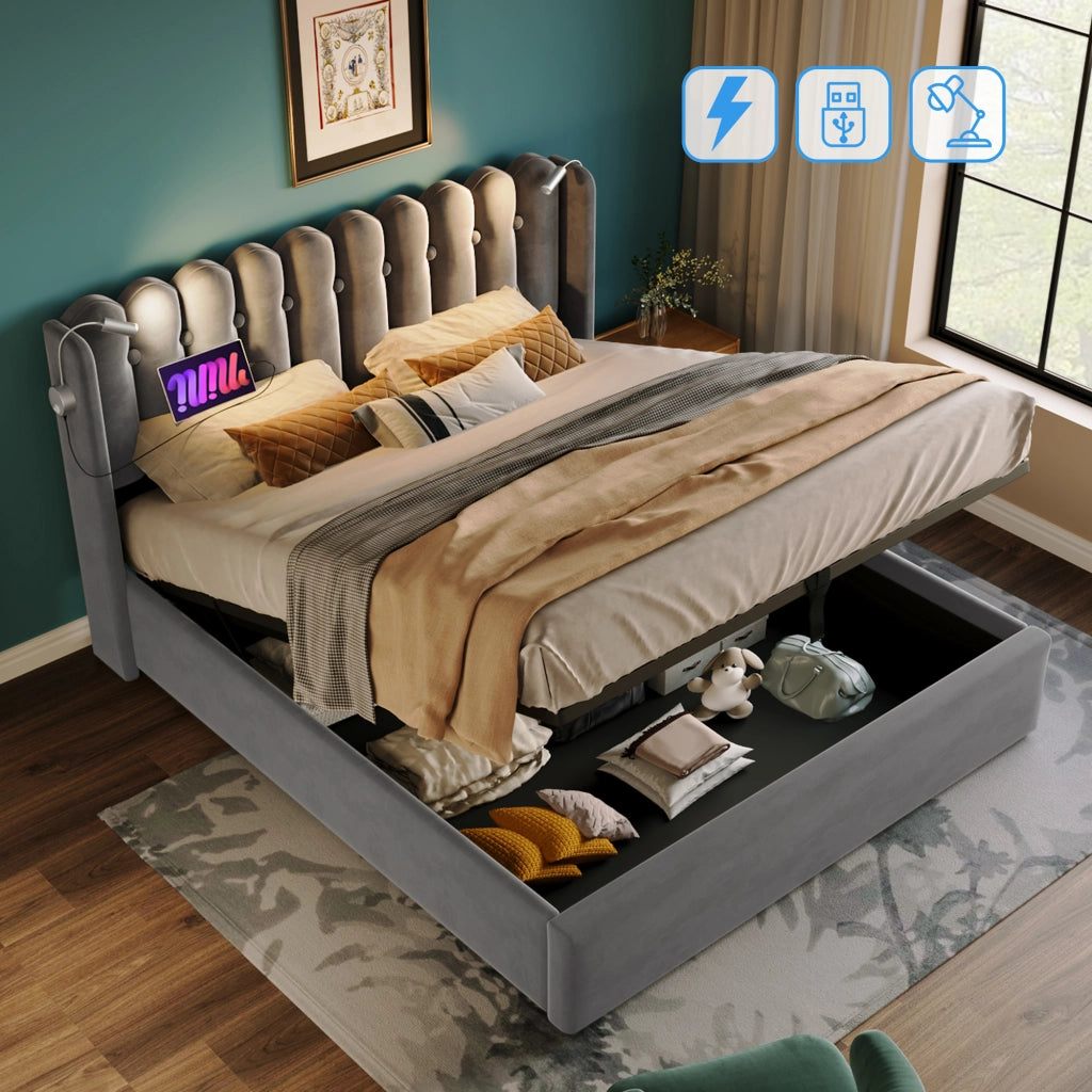 Letti contenitori 160x200 cm con luce da lettura e 2 USB; velluto; grigio (Senza materasso)