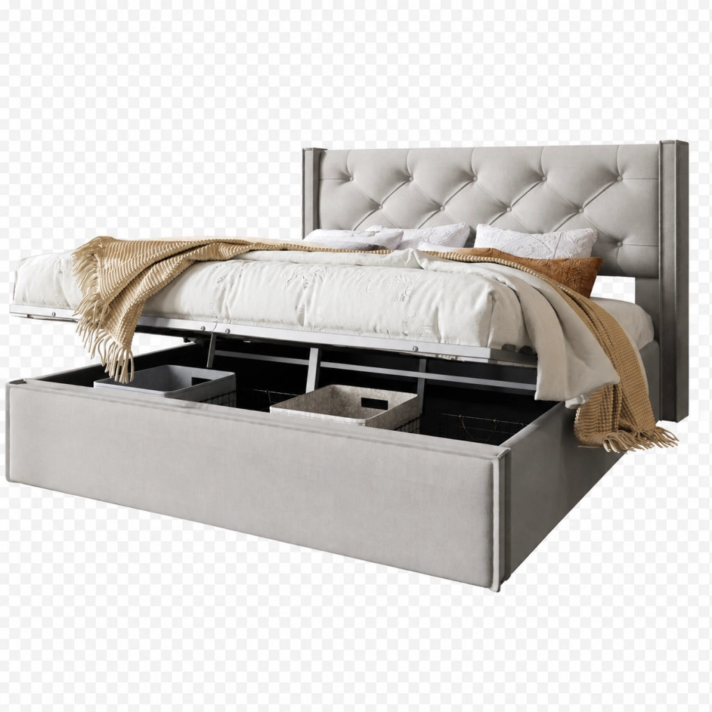 Letti contenitori 140x200 cm; contenitore; testiera imbottita; cotone; grigio chiaro (Senza materasso)