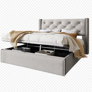 Letti contenitori 140x200 cm; contenitore; testiera imbottita; cotone; grigio chiaro (Senza materasso)