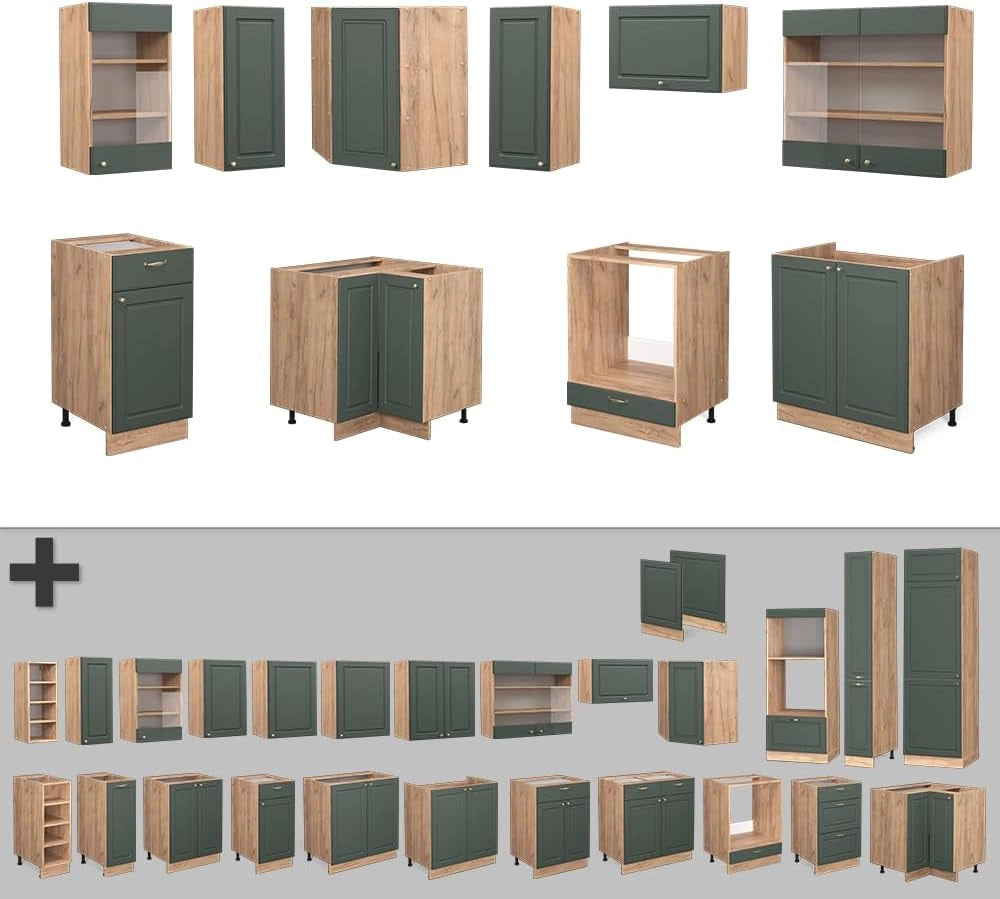 Cucina componibile Fame-Line, Quercia verde-oro Country/oro Power, 200 cm, PL Rovere, adatto per l'espansione personalizzata con moduli aggiuntivi