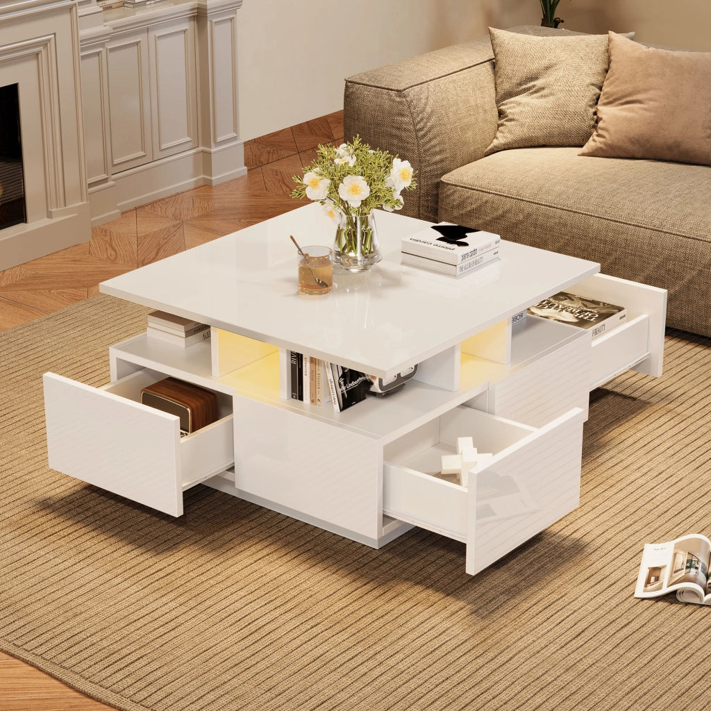 Tavolino da salotto con 4 Cassetti e 1 Vano semiaperto; LED; Finitura Lucida; in Pannelli di particelle; 70 × 70 × 40 cm; Bianco