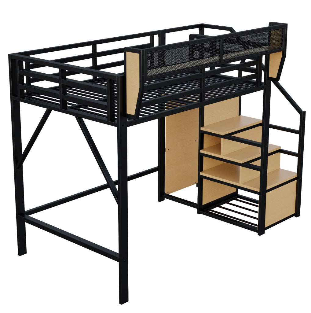 Letto a soppalco ULEVR 140x200 cm in metallo e MDF, con scala di sicurezza e ripiano regolabile, nero