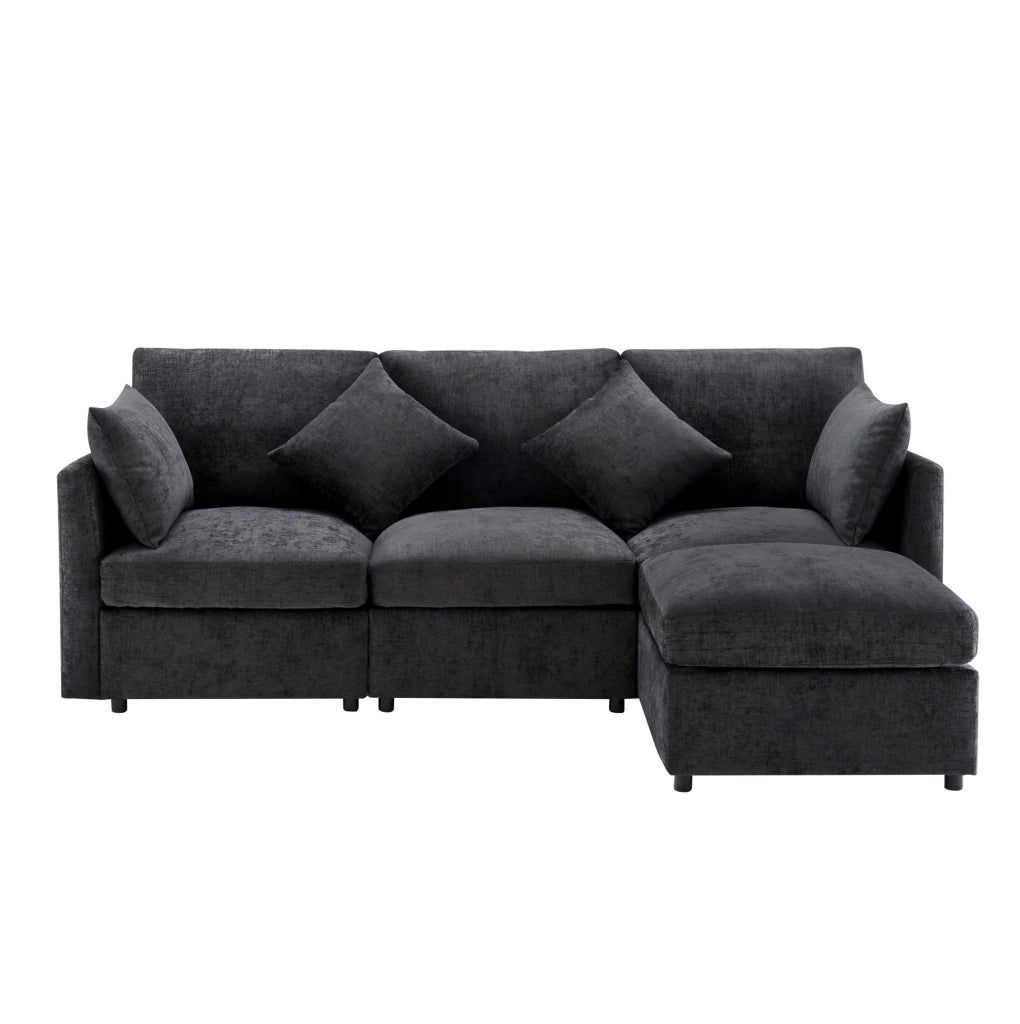 Divano modulare angolare 216x161x81 cm con pouf mobile in chenille grigio