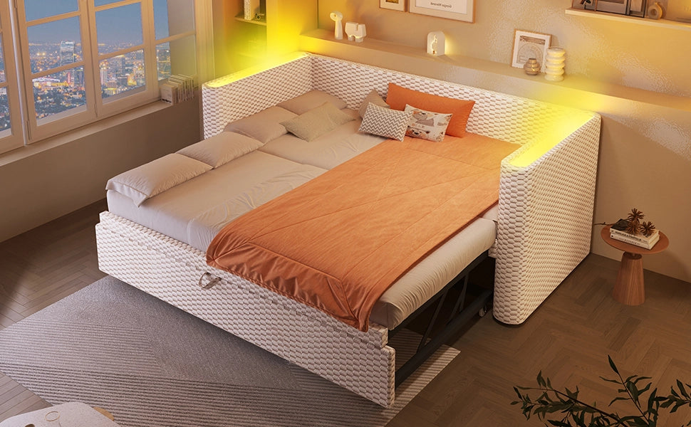 DESMIU Letto divano 90 × 200 cm 2 posti con LED multicolore, 180 × 200 cm, senza materasso, in velluto beige