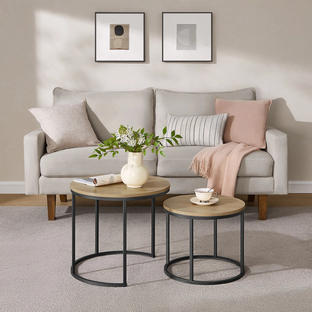 Set di 2 tavolini rotondi Valora - Piano in rovere Sonoma con gambe nere