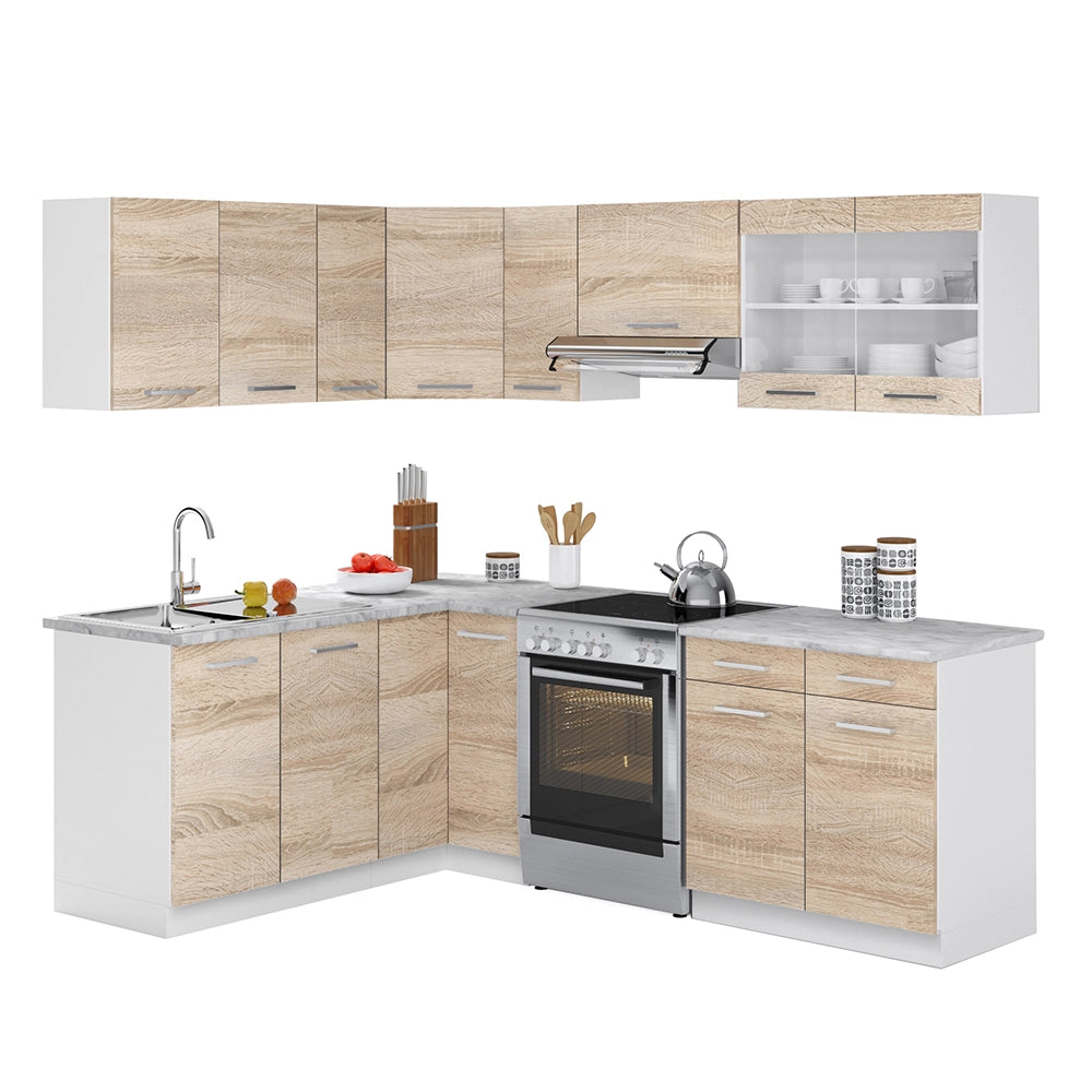 Cucina ad angolo Rick Sonoma/Bianco 227 x 167 cm, PL Marmo con striscia LED Vicco