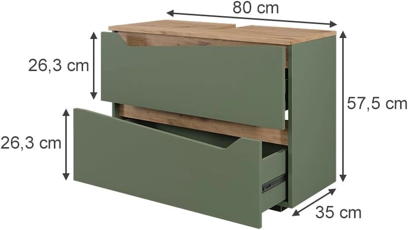 Mobile sottolavabo per bagno Marelle, Verde/Artigianale, 80 x 57.5 cm con 2 cassetti, adatto per l'installazione sotto lavabi standard