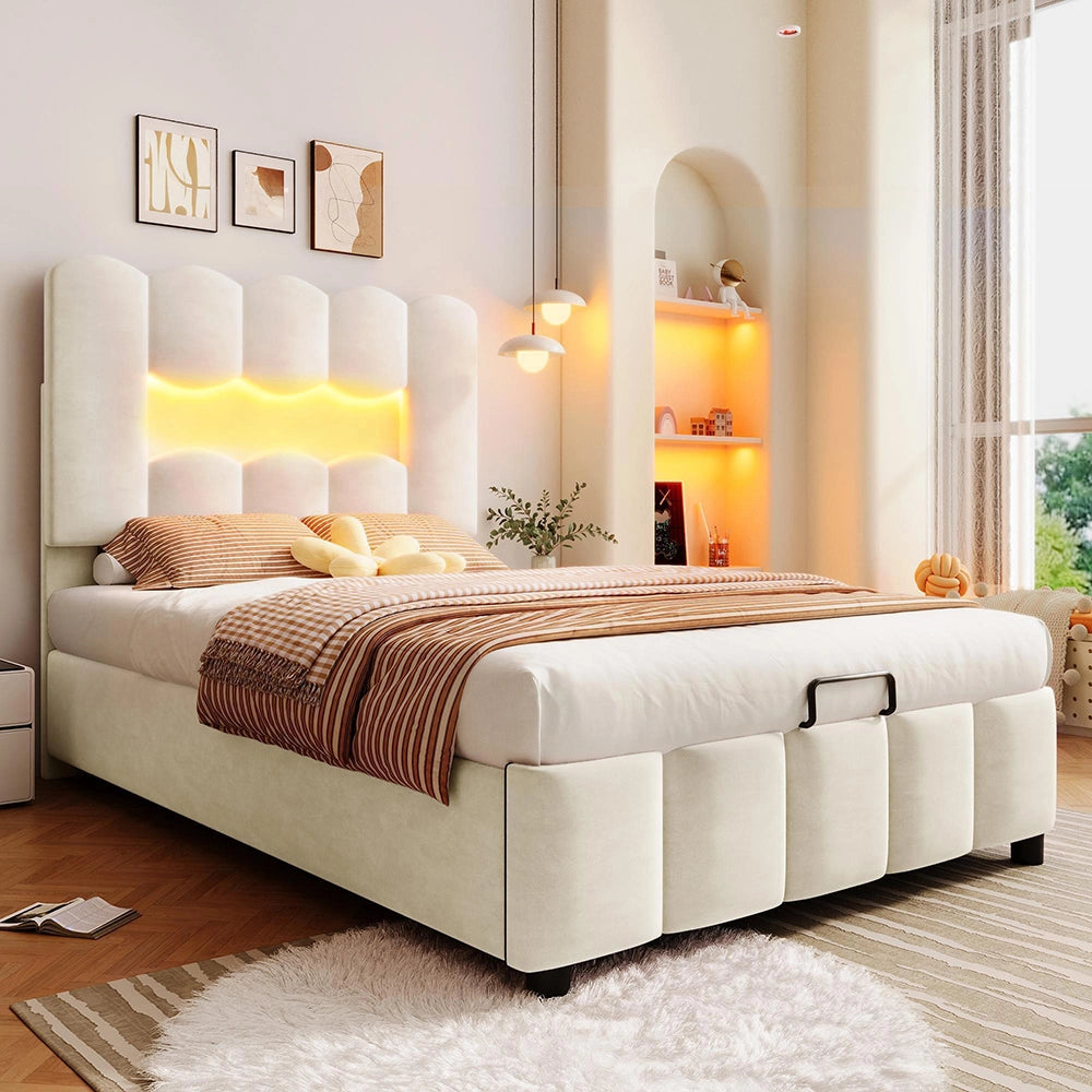 Letto 90x200cm?- Xylo - idraulico LED velluto beige