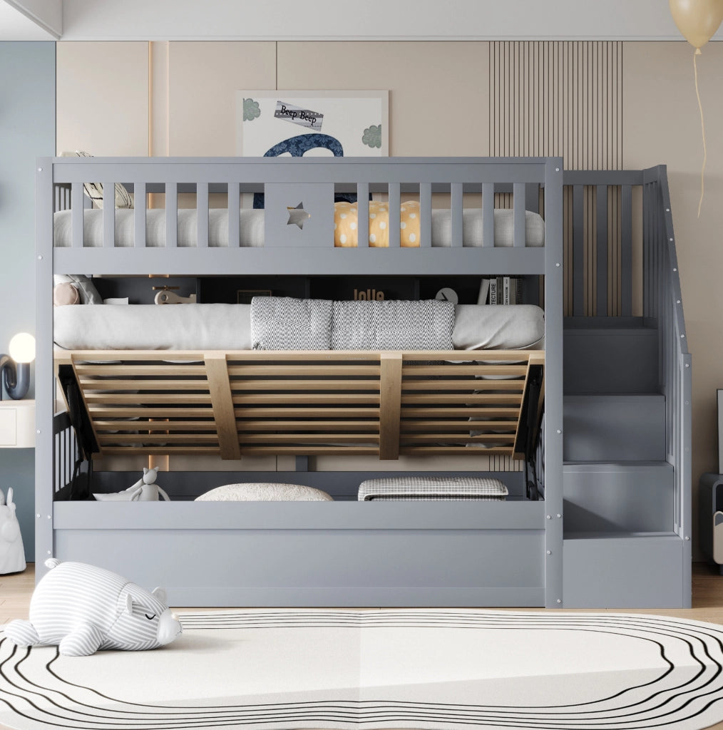 Letto a castello ULEVR 90x200 cm grigio con letto inferiore idraulico, scala contenitore e ripiani