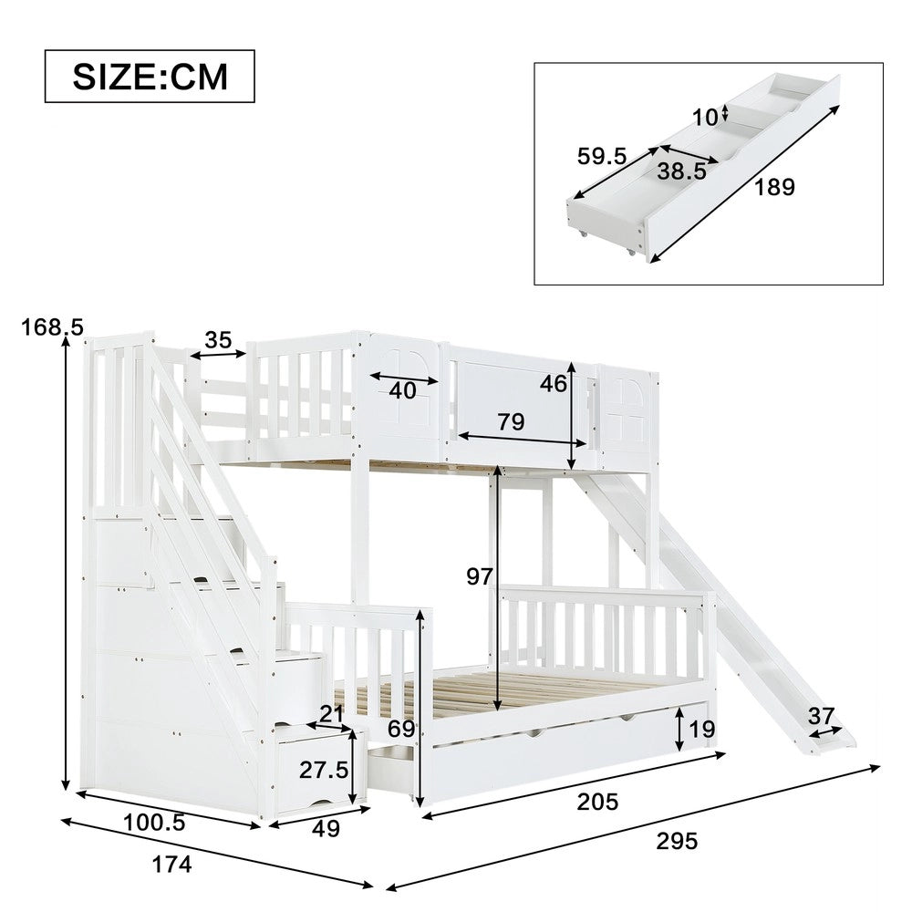 Letto a Castello Bambini con Scivolo, Cassetti e Scaletta ¨C MINIMAL ¨C Pino/MDF Bianco 90x200