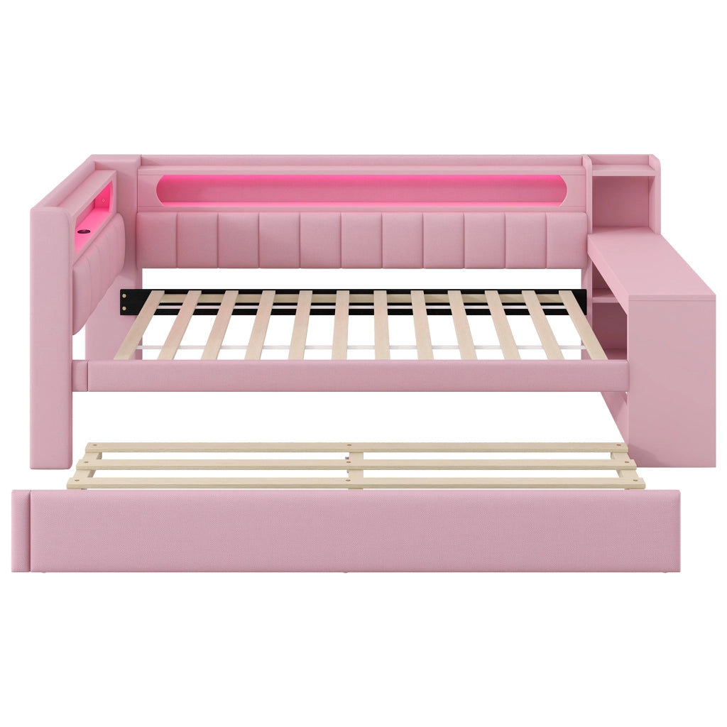DESMIU Divano letto 90 × 200 cm 1 posto con USB, LED e letto estraibile, senza materasso, rosa