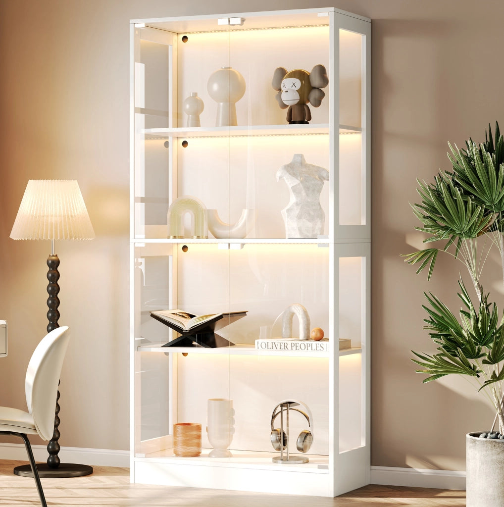 Vetrina LED 80 x 35 x 170 cm in MDF e vetro temperato; 4 ripiani; app; bianca