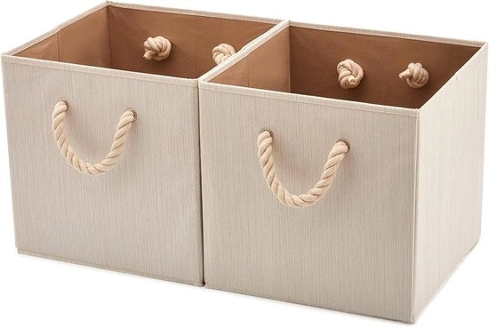 Set di contenitori in cotone pieghevoli con maniglie robuste - set da 2 pezzi - 33 x 33 x 33 cm - beige