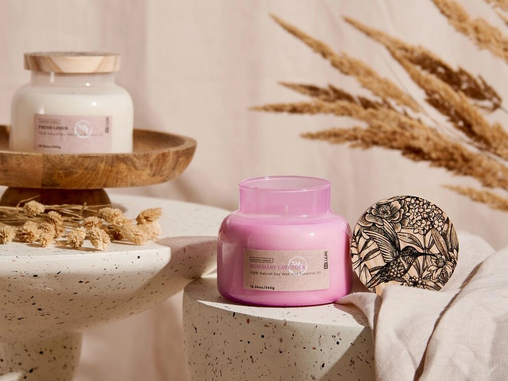 Candela profumata 100% cera di soia Stoppino di cotone Vetro Fragranza fresca Rosmarino Lavanda
