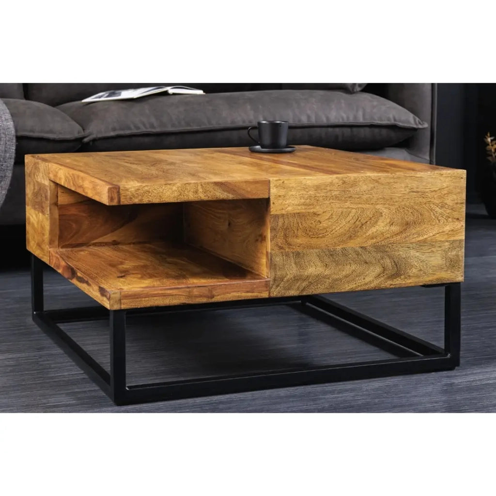 Tavolino basso GRADI 60 cm in legno massiccio di Sheesham e metallo – Tavolino basso quadrato industriale con nicchia