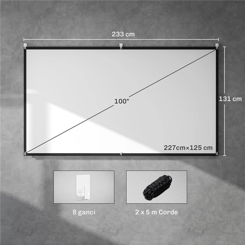 TELO PER PROIETTORE 100" 16:9 HD 4K/8K PIEGHEVOLE E PORTATILE, ANTIPIEGA E LAVABILE, DOPPIA FACCIATA, BIANCO