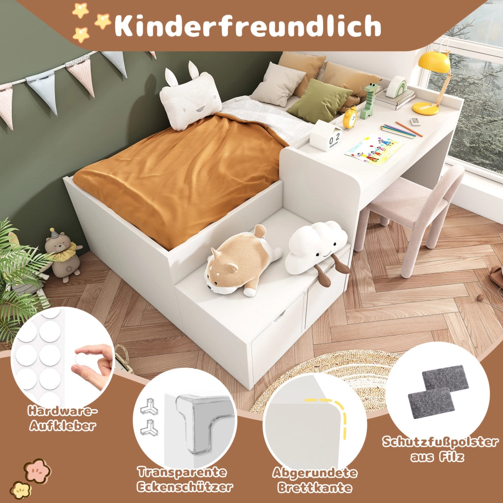 Letto Combinato 90 x 200 cm - Scrivania; 2 Cassetti e Sponda - in Legno e MDF - Bianco
