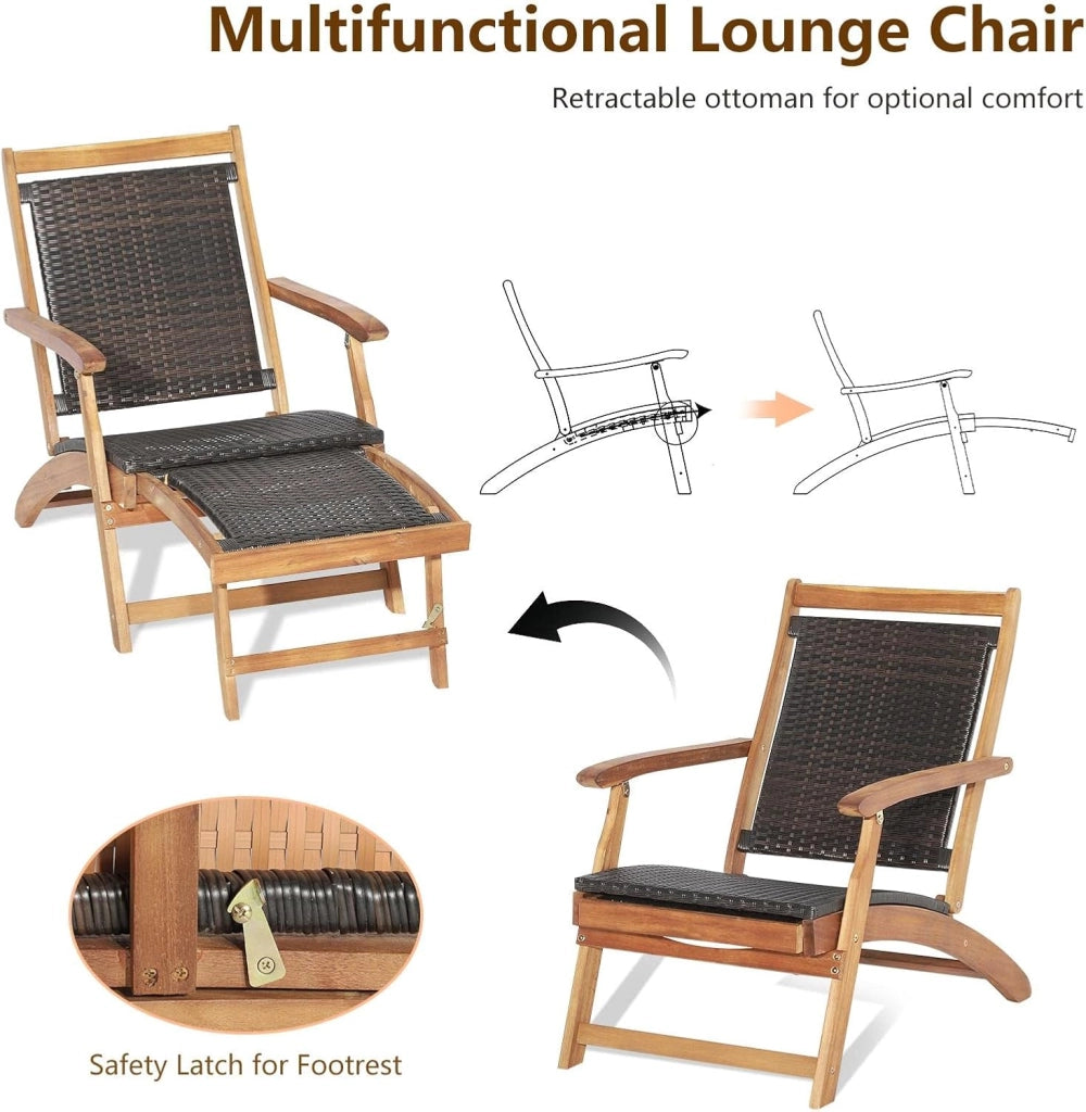 Set di 2 Mobili da Giardino Pieghevoli, Mobili da Giardino in Rattan, Sedia a Sdraio Retrattile con Tavolino Prendisole, Mobili Lounge per Giardino, Terrazza e Balcone