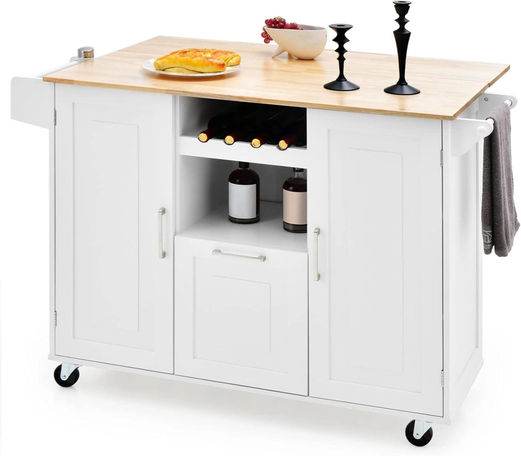 Isola centrale mobile con piano di lavoro in legno di albero della gomma, carrello da cucina con cassetto, porta bottiglia e 2 armadio con porta, carrello su ruote, 130 x 45 x 90 cm (nero)