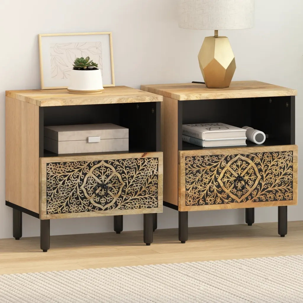 Set di 2 Comodini | Armadio da Notte | Mobiletto da notte 40x33x46 cm in Legno Massello di Mango