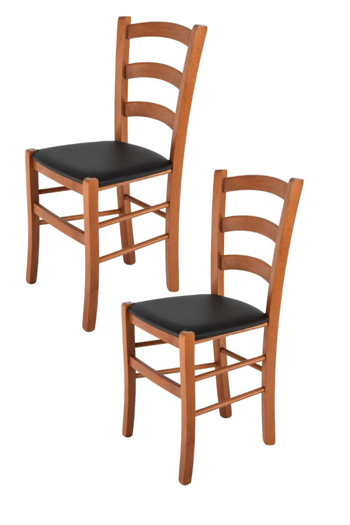 Set 2 Sedie Venice Tommychairs,struttura in faggio verniciata in color ciliegio e seduta rivestita in finta pelle nera