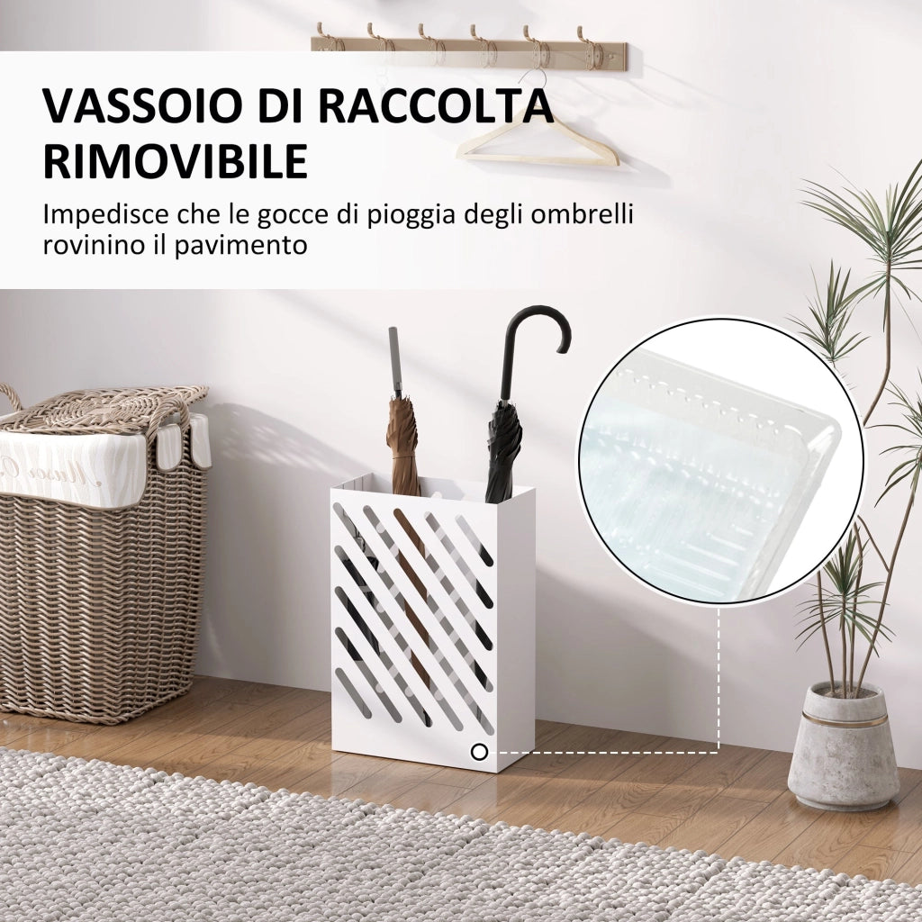 Portaombrelli di Design 28x14x41 cm con Vaschetta Raccogli Gocce e 4 Ganci in Metallo Bianco