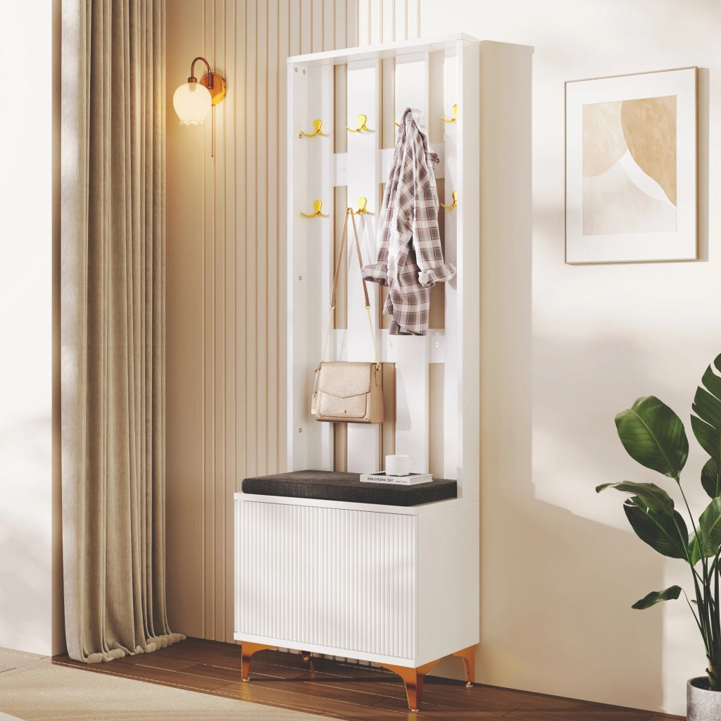 Mobile Ingresso con Panca Scarpiera 2 Ante; Push-to-Open; Ripiani Regolabili; Bianco; in Pannello truciolare; 60;5×35;2×180;5 cm