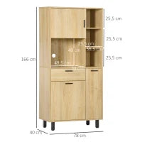 Credenza Cucina Alta con un Cassetto e 3 Armadi, Mobile Buffet con 4 Nicchie e Passacavi, 78x40x166cm, Legno naturale| Aosom Italy
