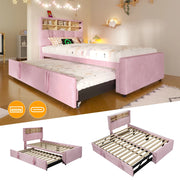 Letto singolo 90x200 cm rosa in velluto con letto estraibile per ospiti e prese USB