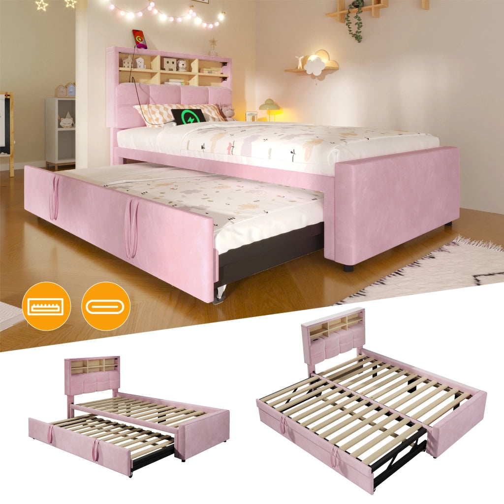 Letto singolo 90x200 cm rosa in velluto con letto estraibile per ospiti e prese USB