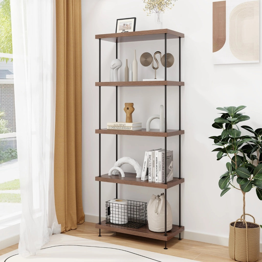 Scaffale multiuso a 5 ripiani con struttura in metallo-Libreria autoportante con stile industriale Noce 60x29,5x147cm
