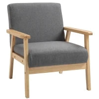 Poltrona in Stile Scandinavo, Legno Massello, Finitura in Lino, 64 cm x 70 cm x 72 cm, Grigio e Naturale