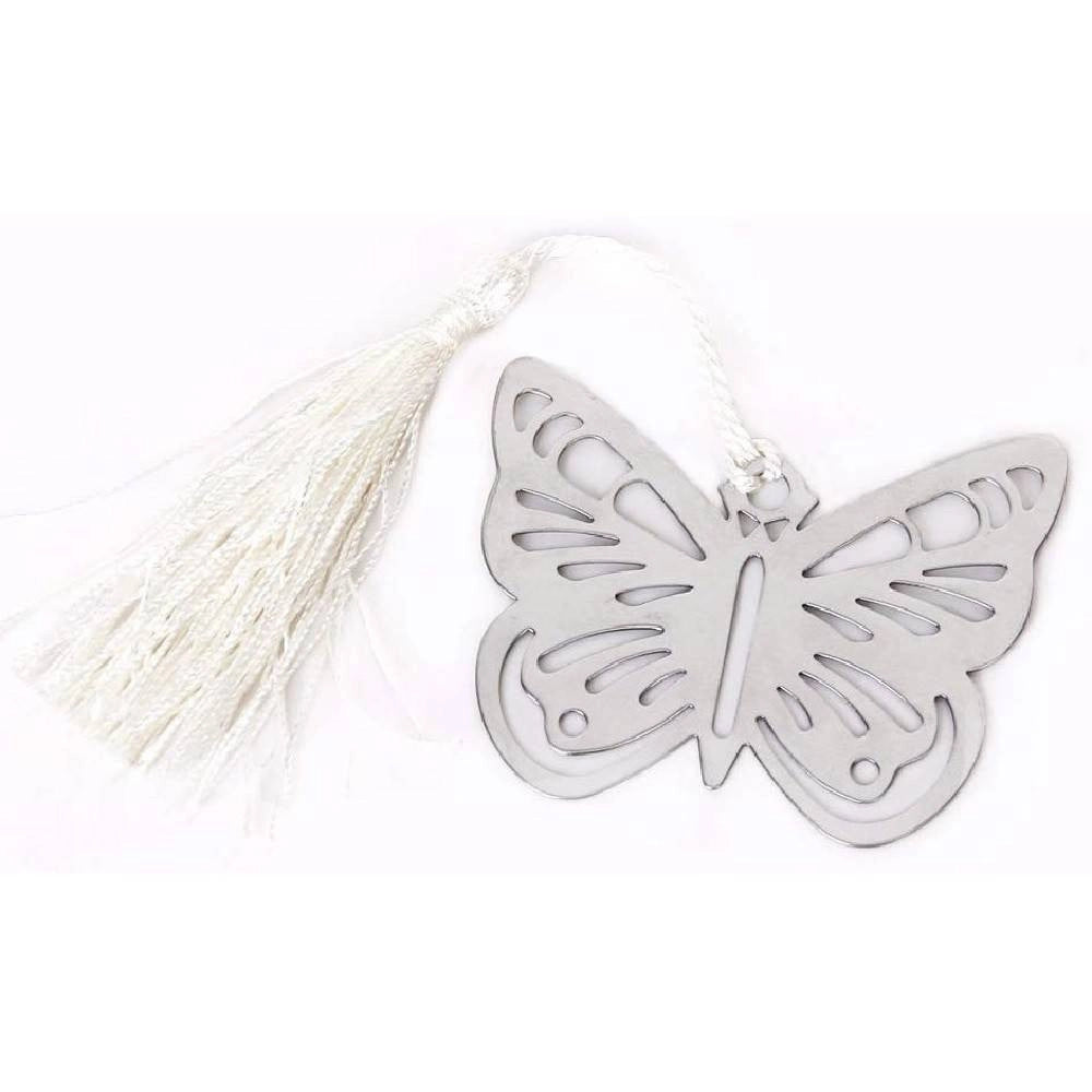 Trade Shop - Segnalibro Farfalla Con Nappa Bianca Scatola Segnaposto Metallo Bomboniera Wedding -